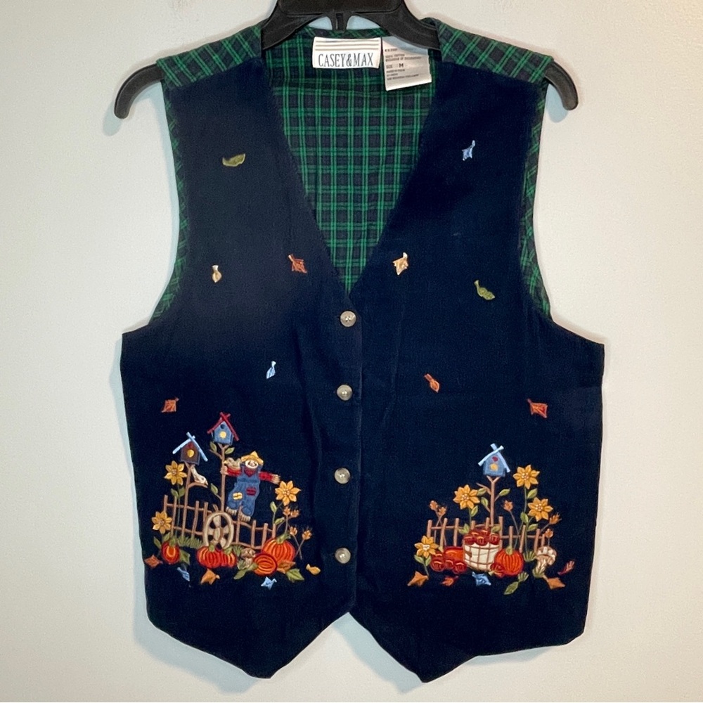 Vintage Embroidered Blue Corduroy Vest Fall Pumpkins Scarecrow